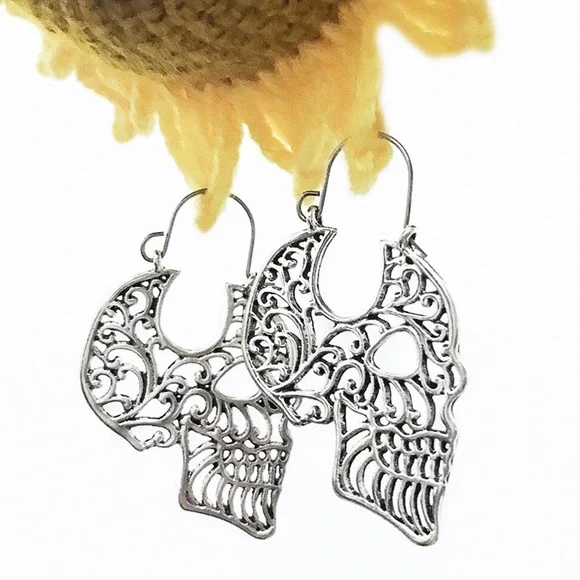 Any 2/$20! Boho Sugar Skull Open Work Earrings - Picture 4 of 12